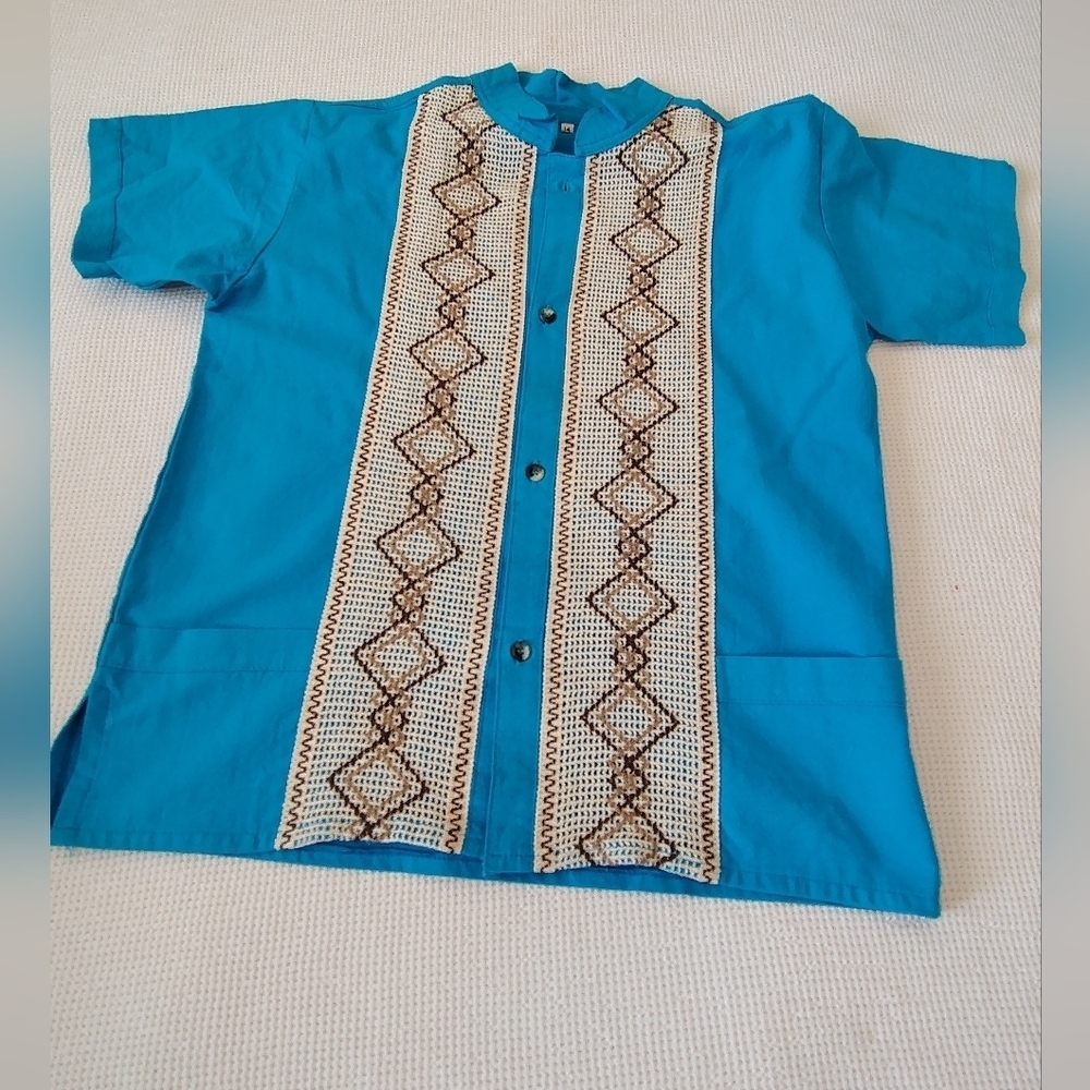 Blue Embroidered Button Down Guayabera Kid's Shirt Size 14